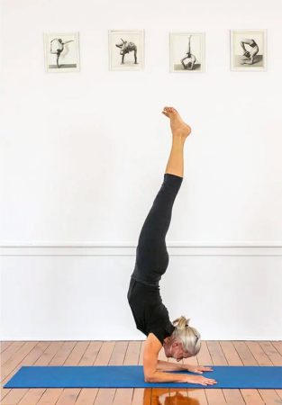 Pixie Lillas demonstrating pincha mayurasana (forearm balance)